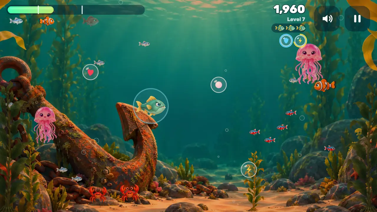 Jellyfish and power-ups by a sunken anchor
